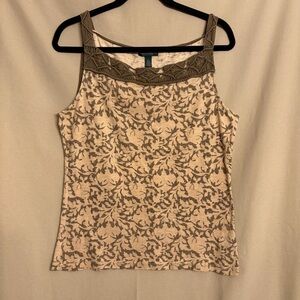 LRL Lauren Jeans Co. L Sleeveless Cream and Brown Camisole Crocheted Accents